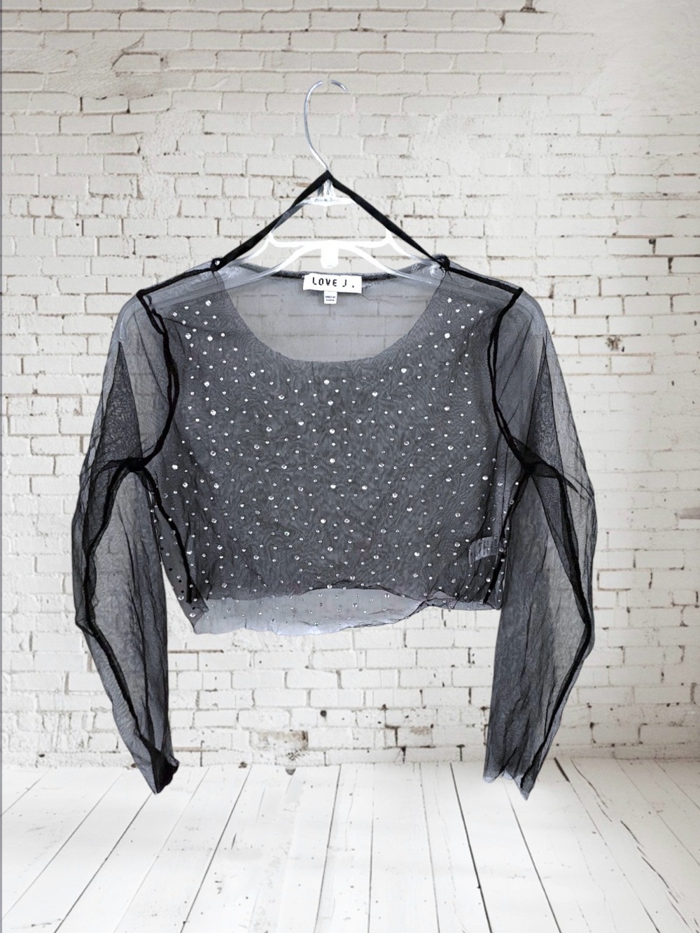 Love J Black Sheer Mesh Rhinestone Crop Top - Size Medium